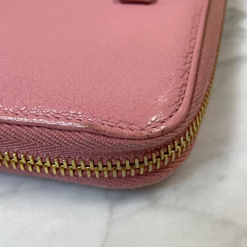 Miu Miu Rose Pink Leather Zip-Around Wallet with Bow